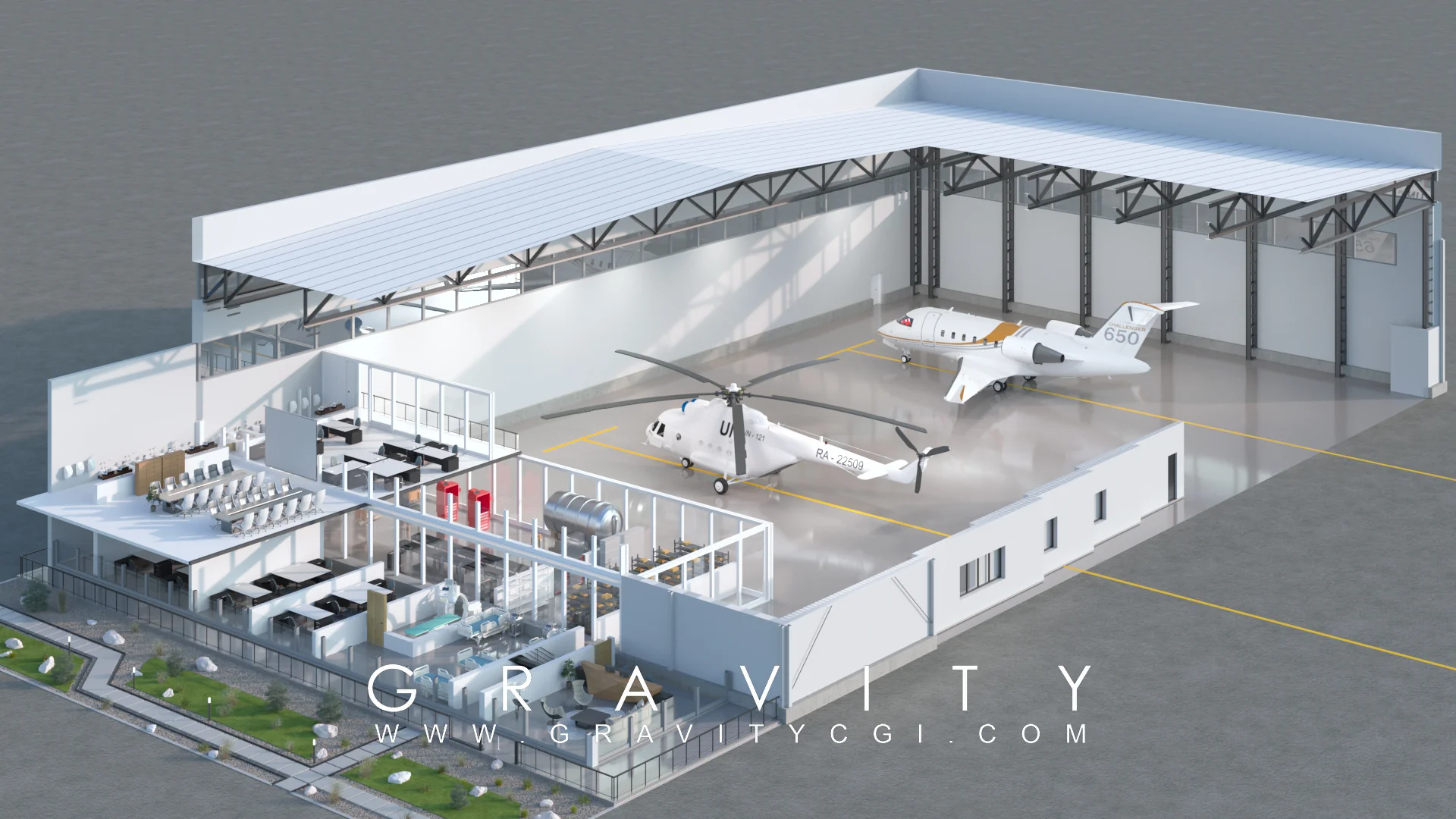 Airport MRO hangar 3D floor plan with office space