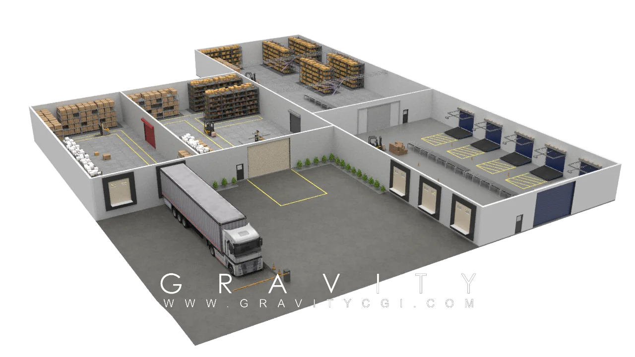 Warehouse 3D floor plan with truck dock and racks