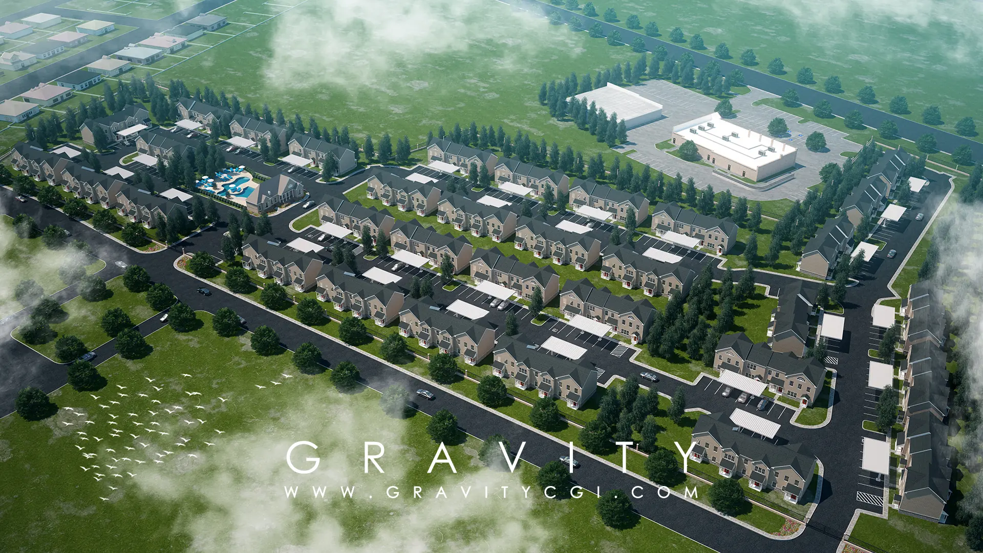 Aerial view of modern townhome community layout