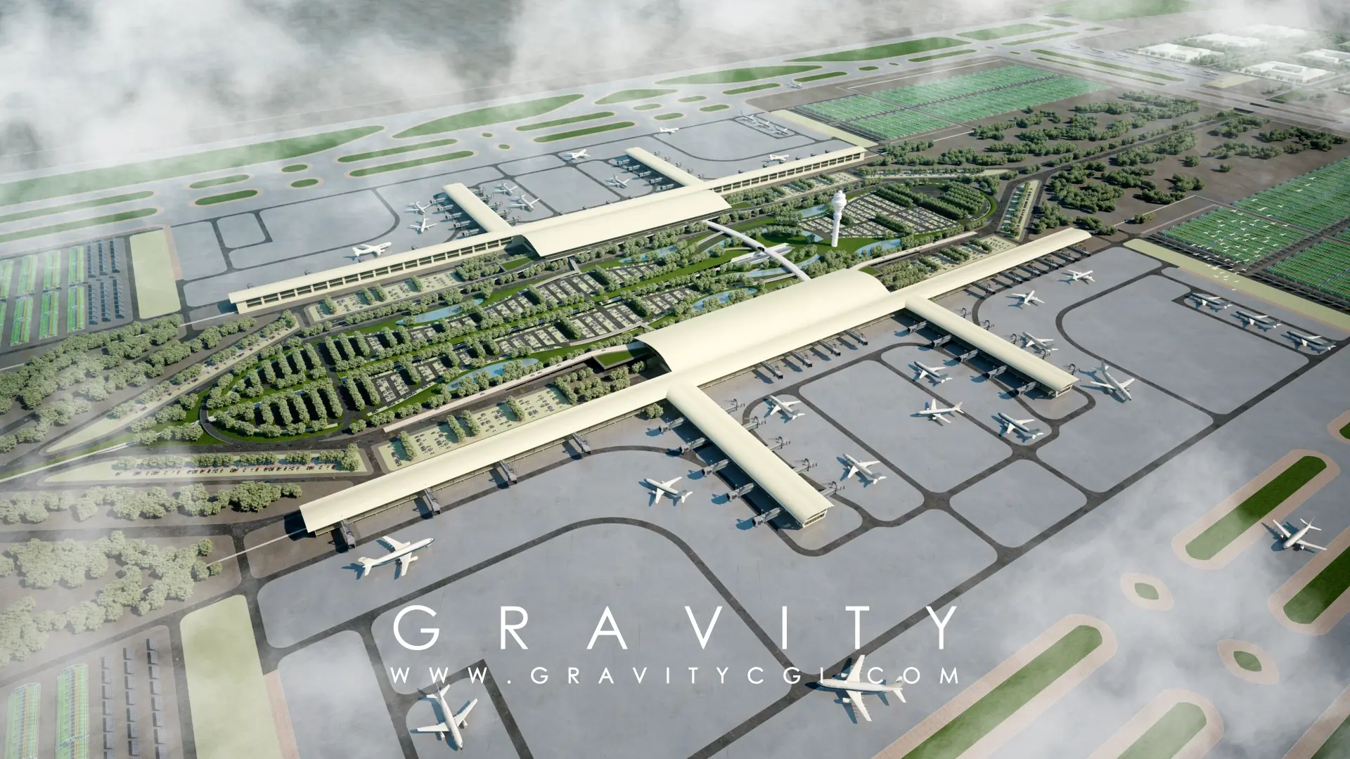 3D airport terminal and runway master plan rendering