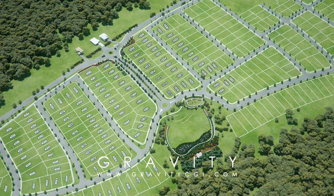 3D residential plotting layout with green zones