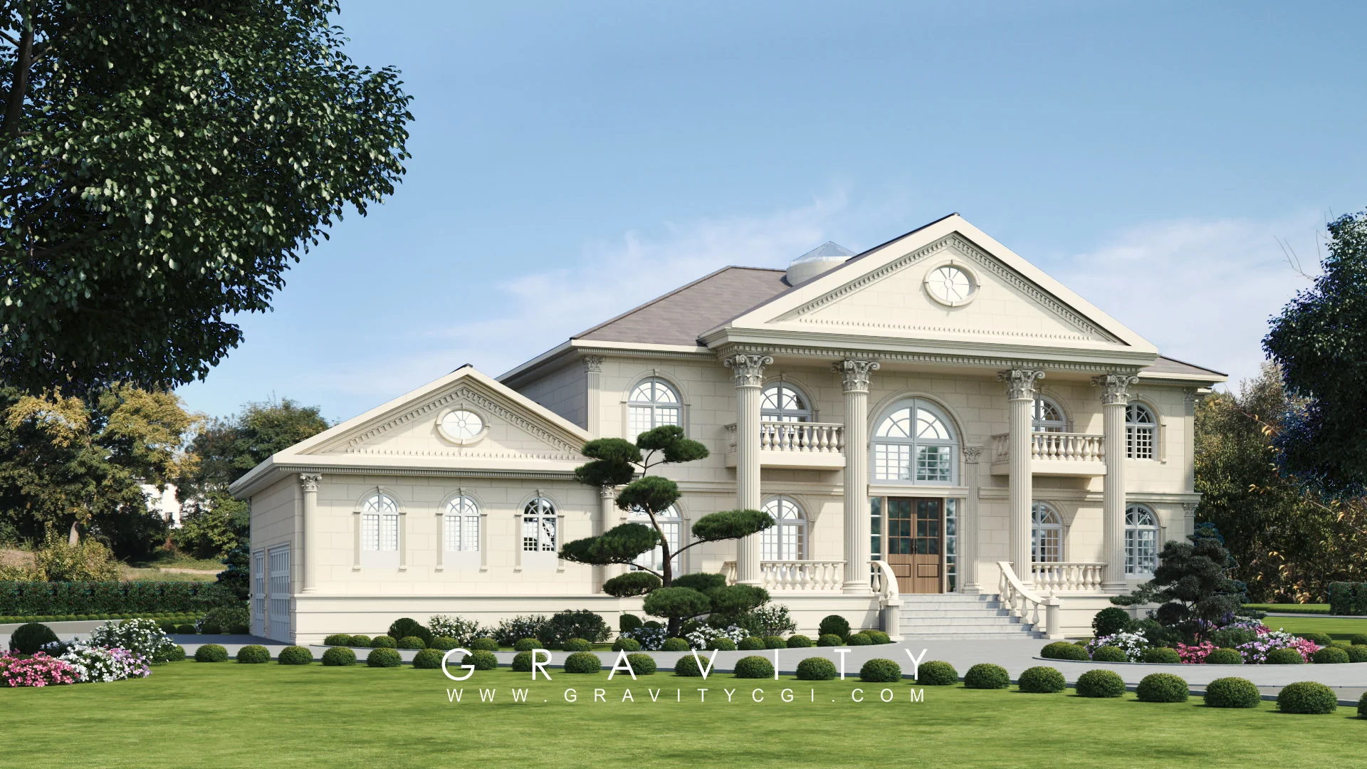 Photorealistic neoclassical villa exterior 3D render with garden