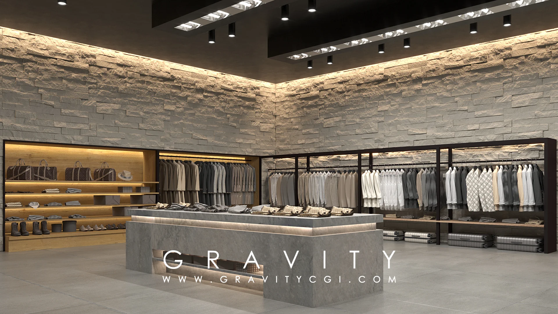 Luxury clothing store 3D interior render with stone walls and ambient lighting