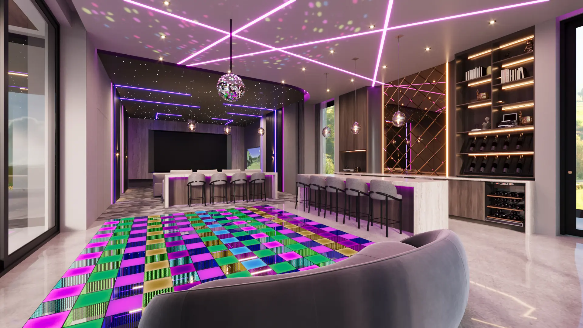 Luxury home bar interior render with neon ceiling lights, wine rack and LED dance floor