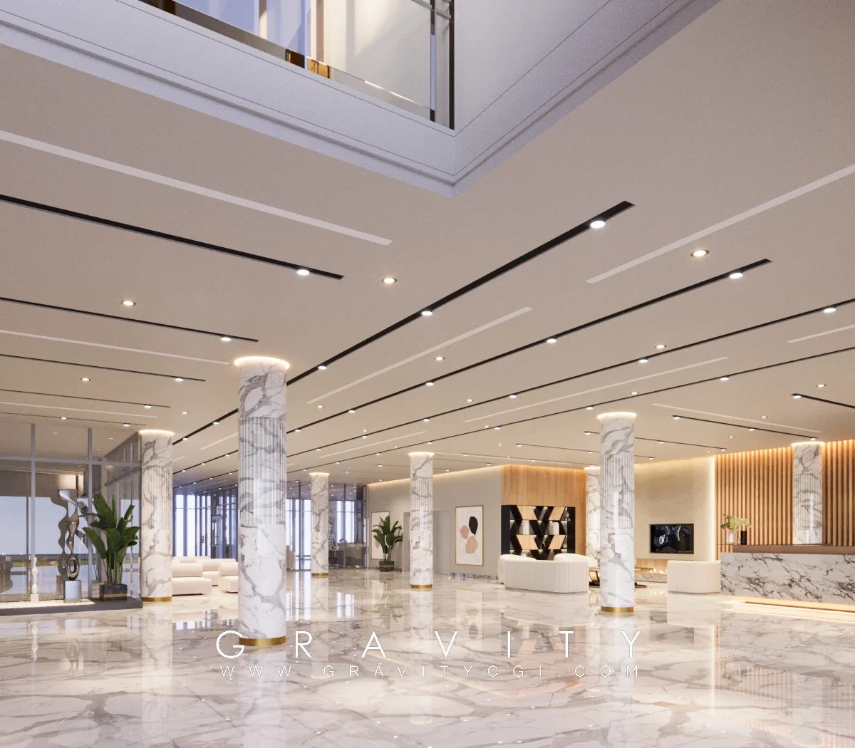Spacious marble lobby 3D interior render with pillars, lighting and reception area