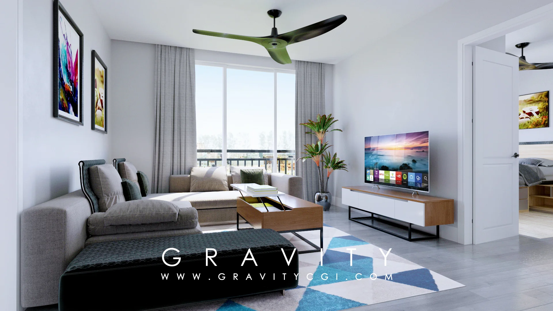 Sunlit modern living room render with TV unit, grey sofa, curtains and balcony view