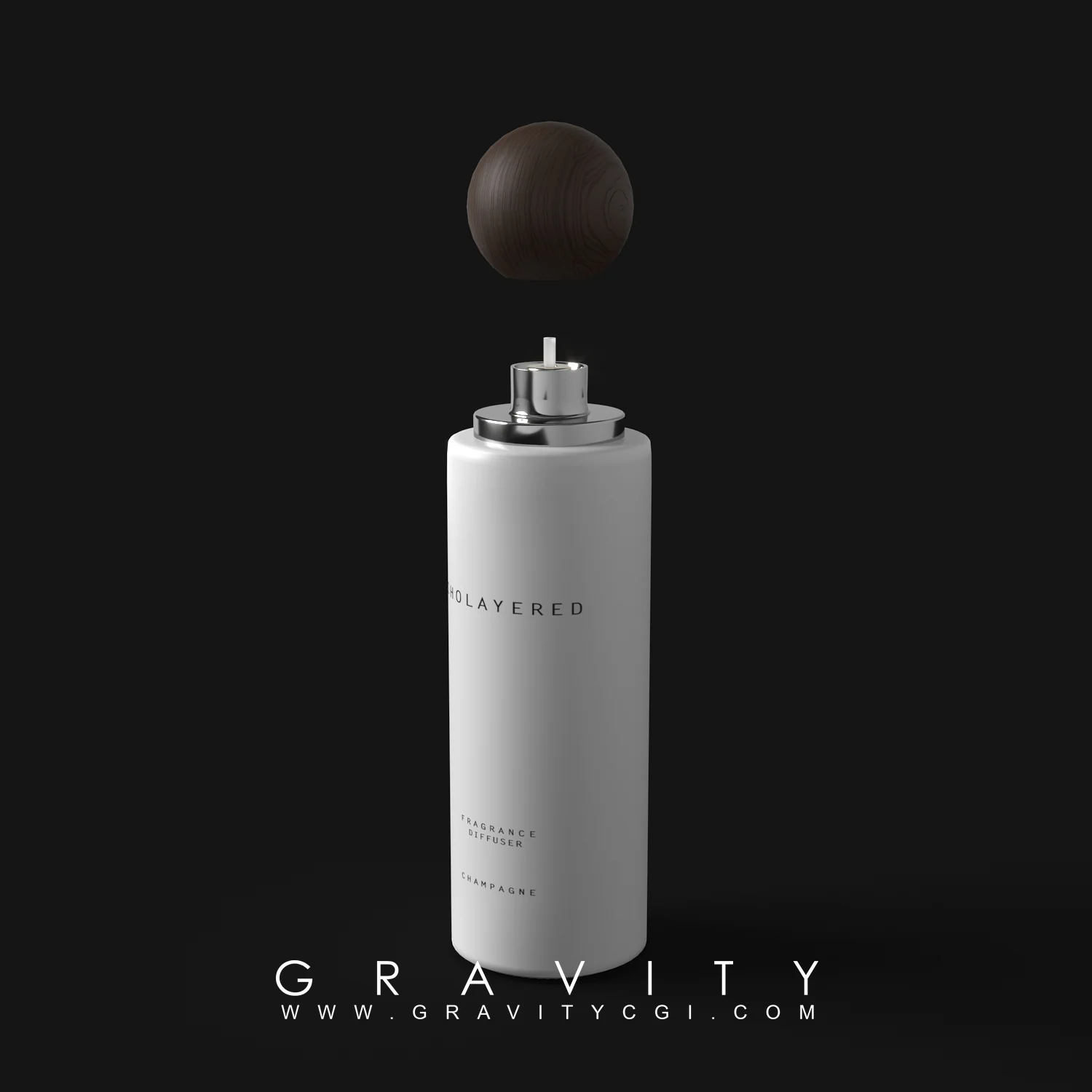 Minimalist 3D render of Layered fragrance diffuser with wooden cap on black background