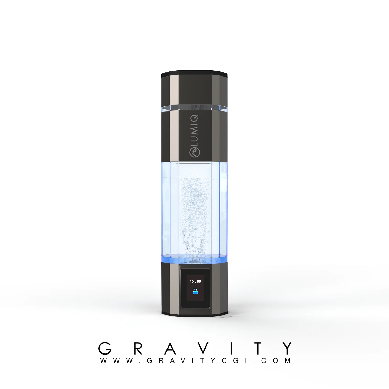 LUMIQ hydrogen water generator 3D render with blue LED and digital timer display