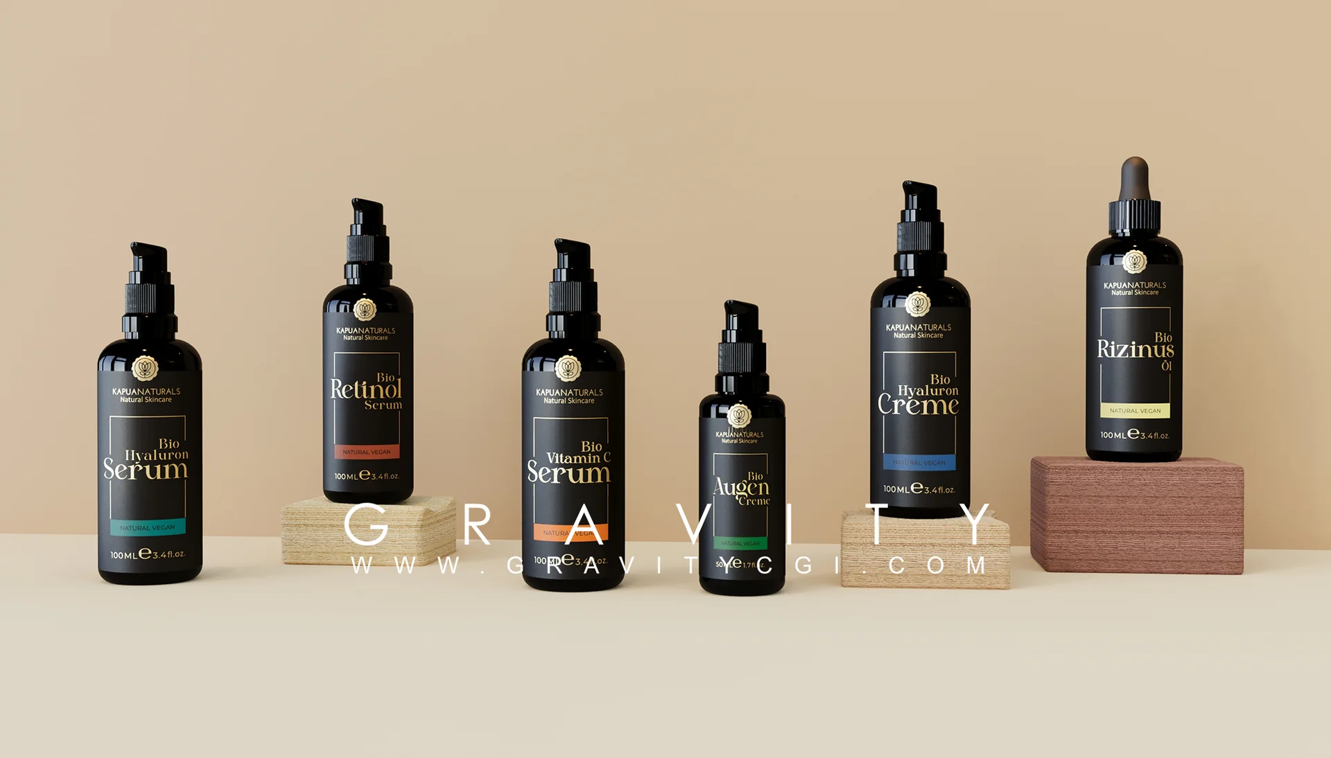 Natural skincare product 3D render featuring serums, oils and creams from Kapua Naturals