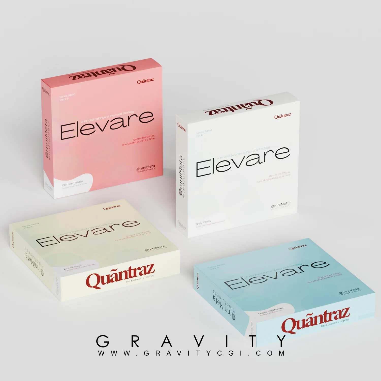 3D render of Elevare product packaging in pastel tones for Quántraz brand