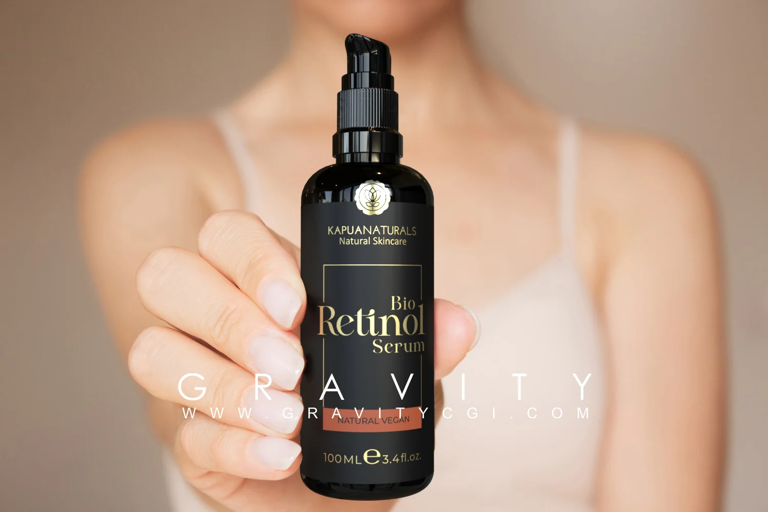 Close-up of hand holding retinol serum bottle from Kapua Naturals for skincare promotion