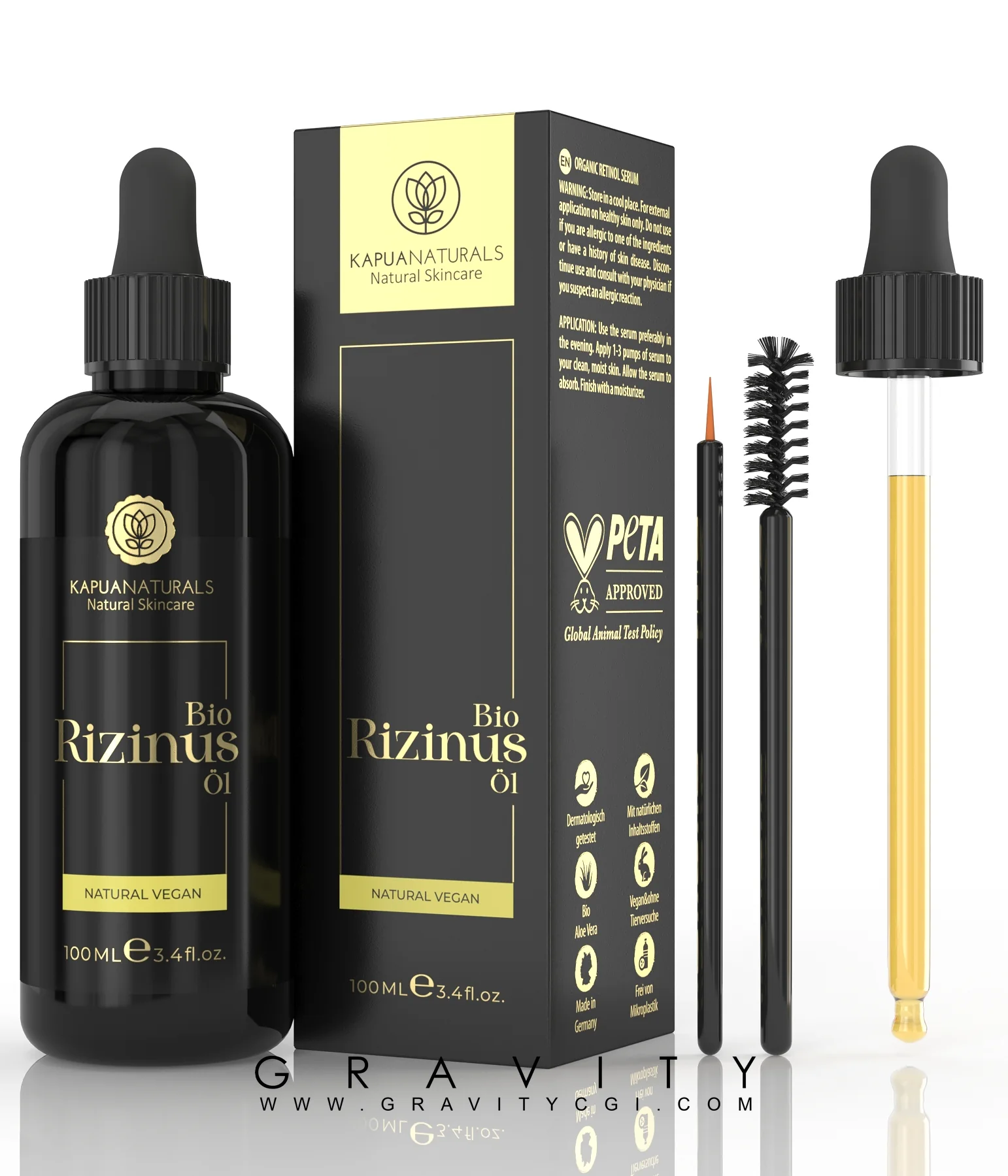 Rizinus oil 3D product render with dropper, brush, and branded packaging for Kapua Naturals