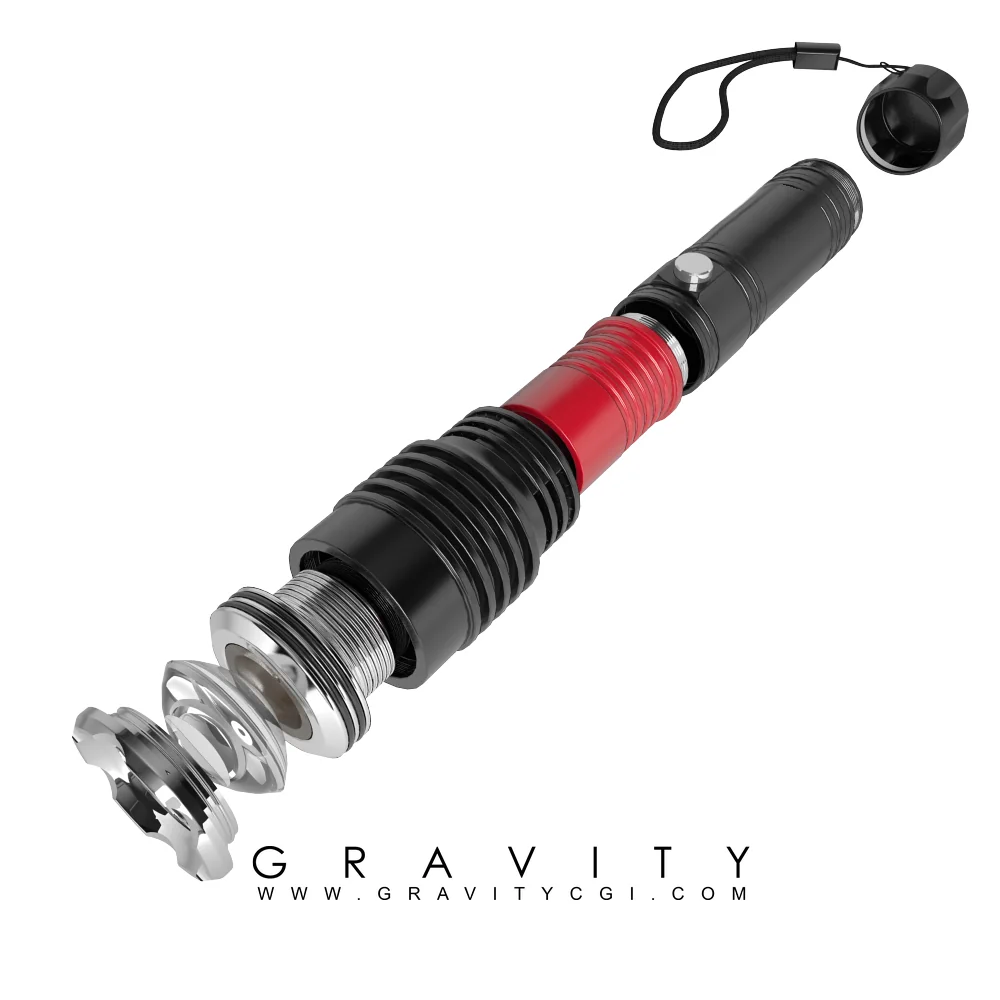 Exploded view 3D render of tactical flashlight with grip, lens, and battery assembly